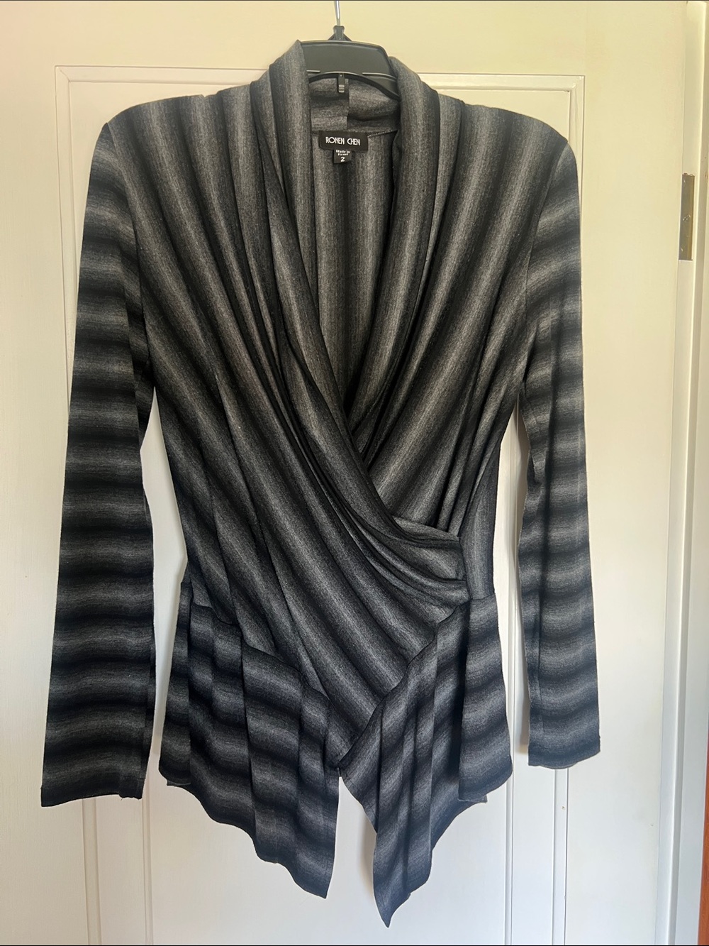 Ronen Chen Black and Gray Striped Draped Cardigan